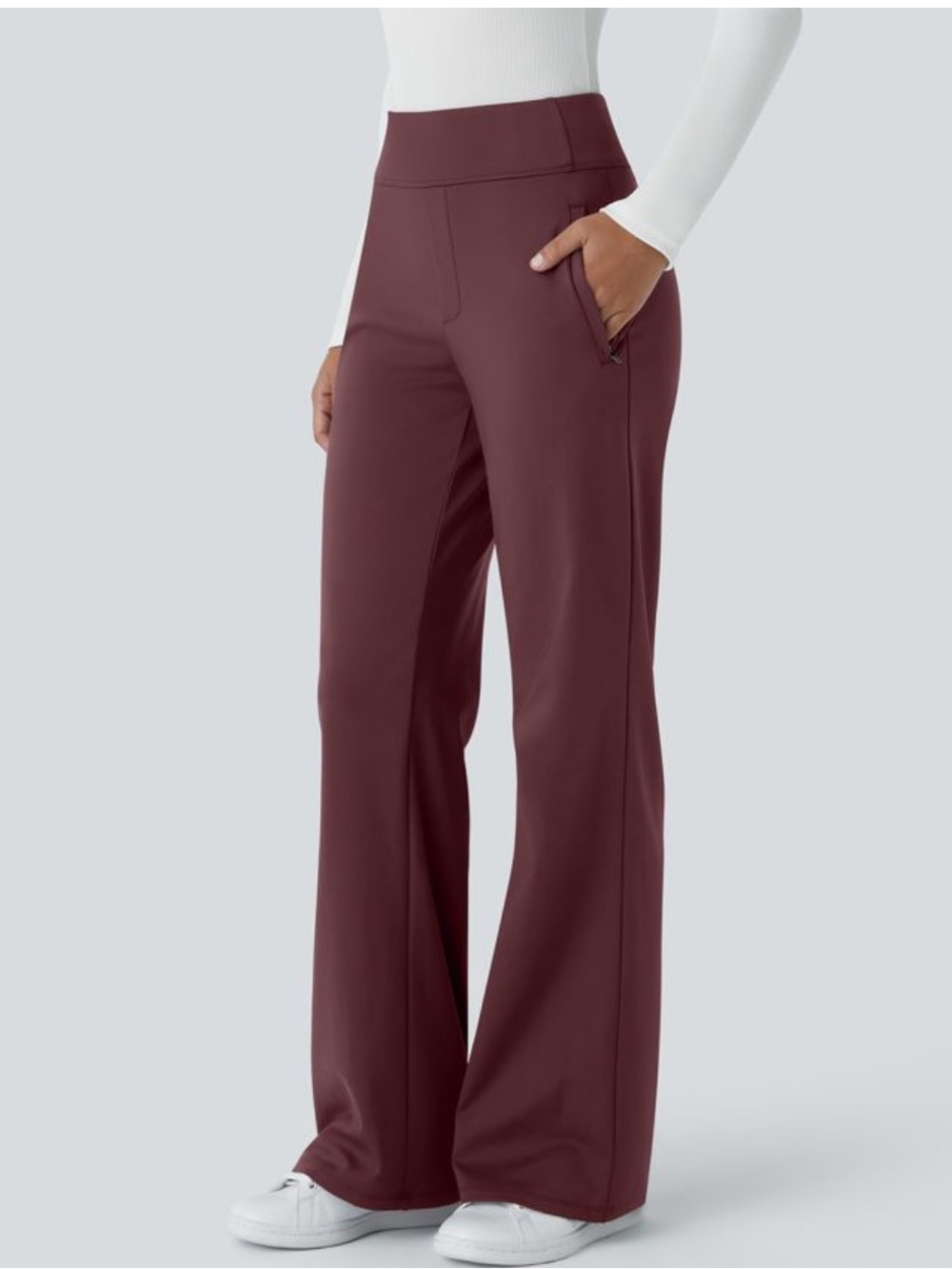 NWT Halara Red Brown Mid Rise Flare Flex Side Zipper Pocket Work Trouser Pants